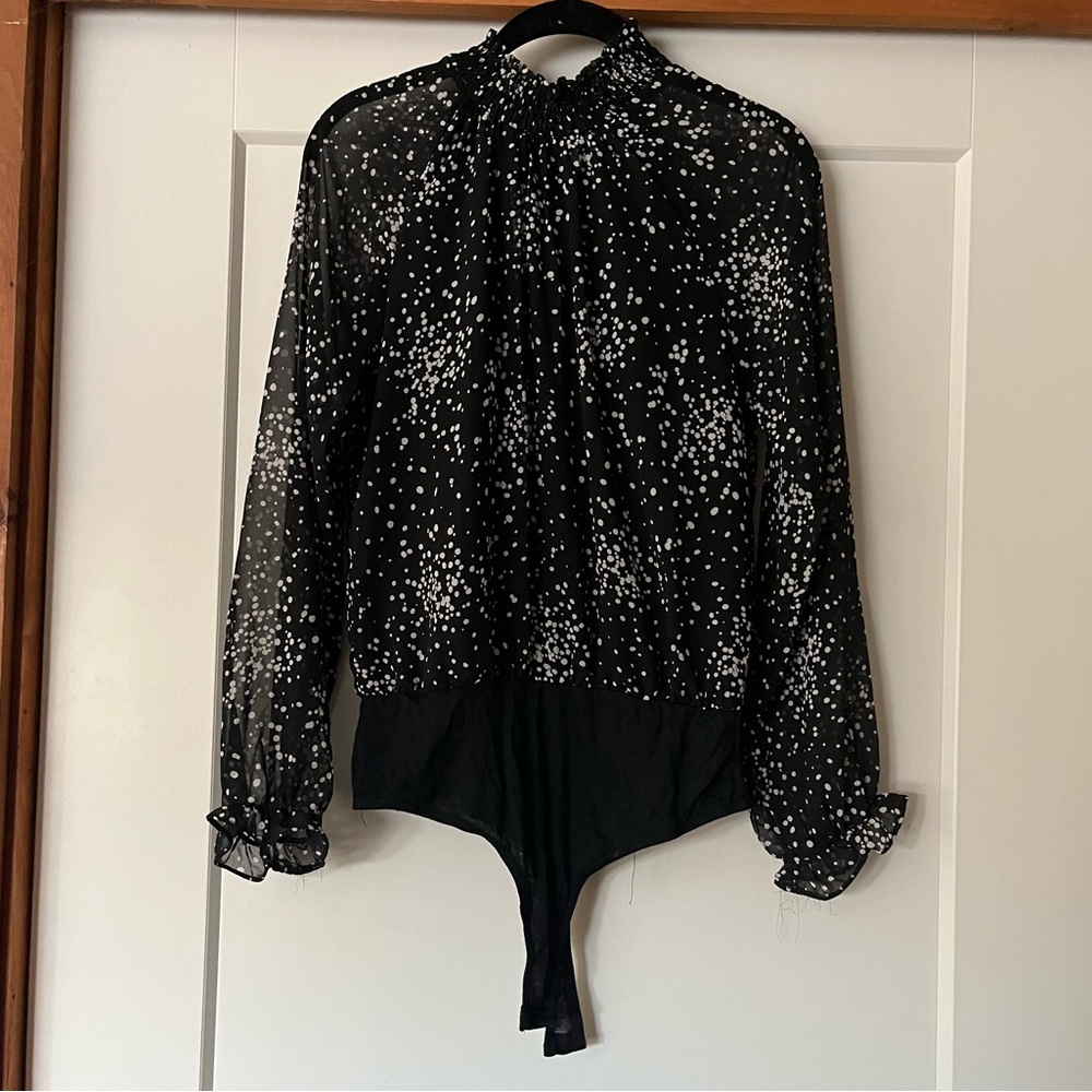Dee Elly Black and White Polka Dot Puff Sleeve Bodysuit